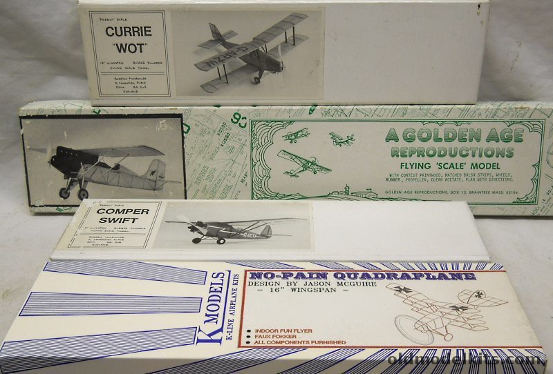 Andrew Moorhouse Peanut Scale Comper Swift 13 Inch Wingspan / Peanut Scale Currie Wot 13 Inch Wingspan / K-Line No-Pan Quadraplane Indoor Flying Faux Fokker 16 Inch Wingspan / Golden Age Corben Super Ace 23 Inch Wingspan plastic model kit